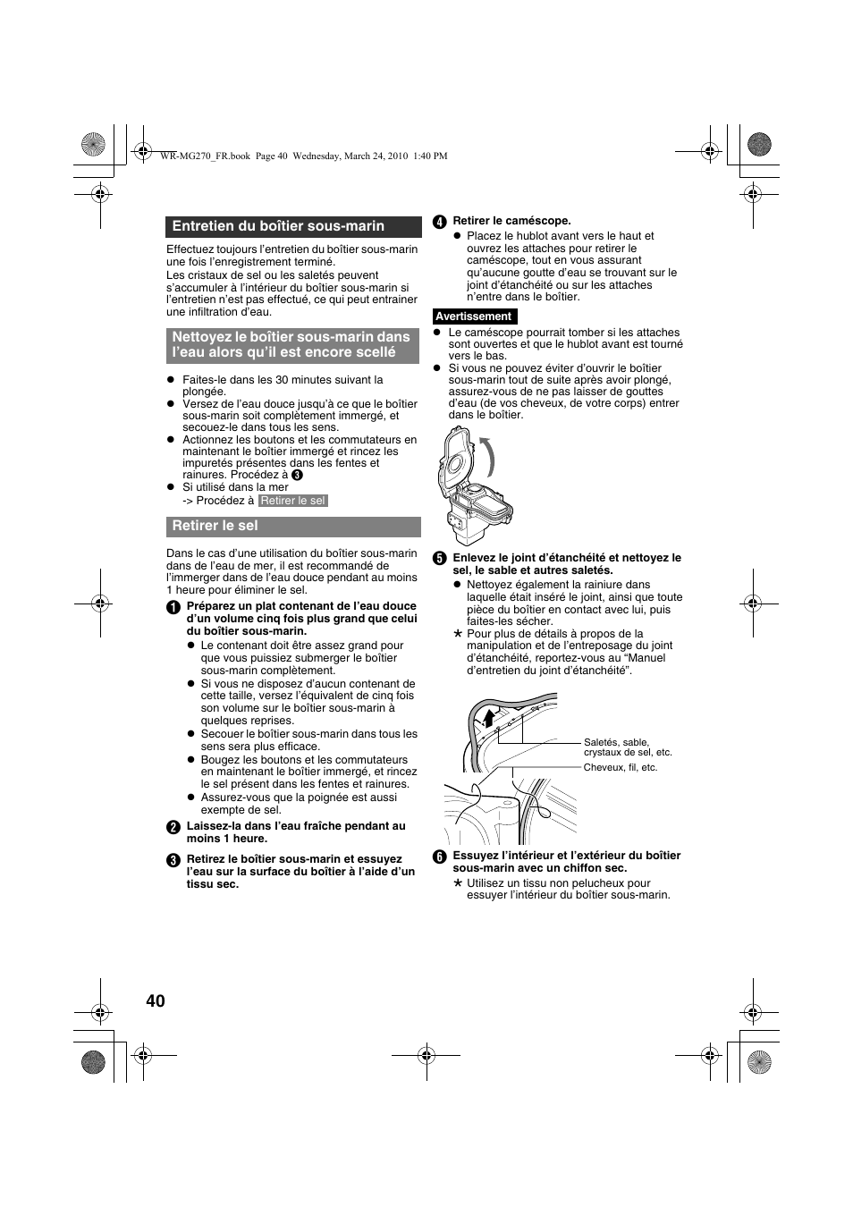 Entretien du boîtier sous-marin, Retirer le sel | JVC WR-MG270 User Manual | Page 40 / 114