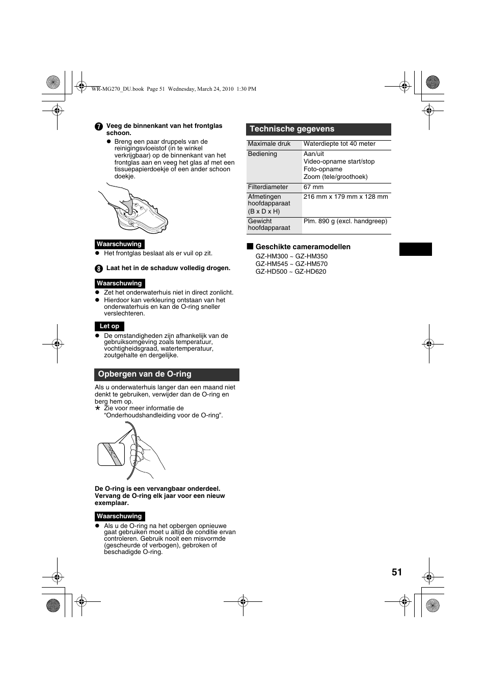 Opbergen van de o-ring, Technische gegevens | JVC WR-MG270 User Manual | Page 51 / 114
