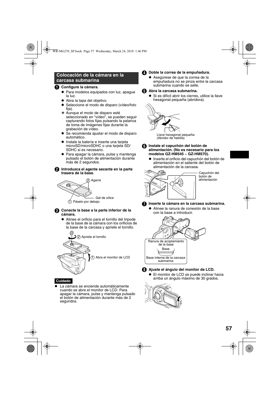 Colocación de la cámara en la carcasa submarina, A ( a p. 57 | JVC WR-MG270 User Manual | Page 57 / 114