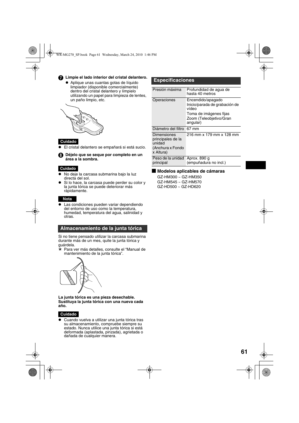 Almacenamiento de la junta tórica, Especificaciones | JVC WR-MG270 User Manual | Page 61 / 114