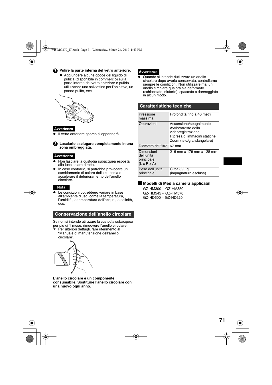 Conservazione dell’anello circolare, Caratteristiche tecniche | JVC WR-MG270 User Manual | Page 71 / 114