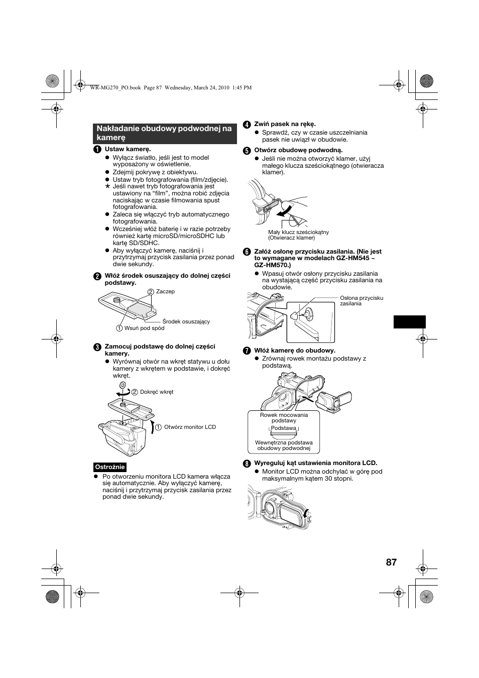 Nakładanie obudowy podwodnej na kamerę, Kamerę | JVC WR-MG270 User Manual | Page 87 / 114