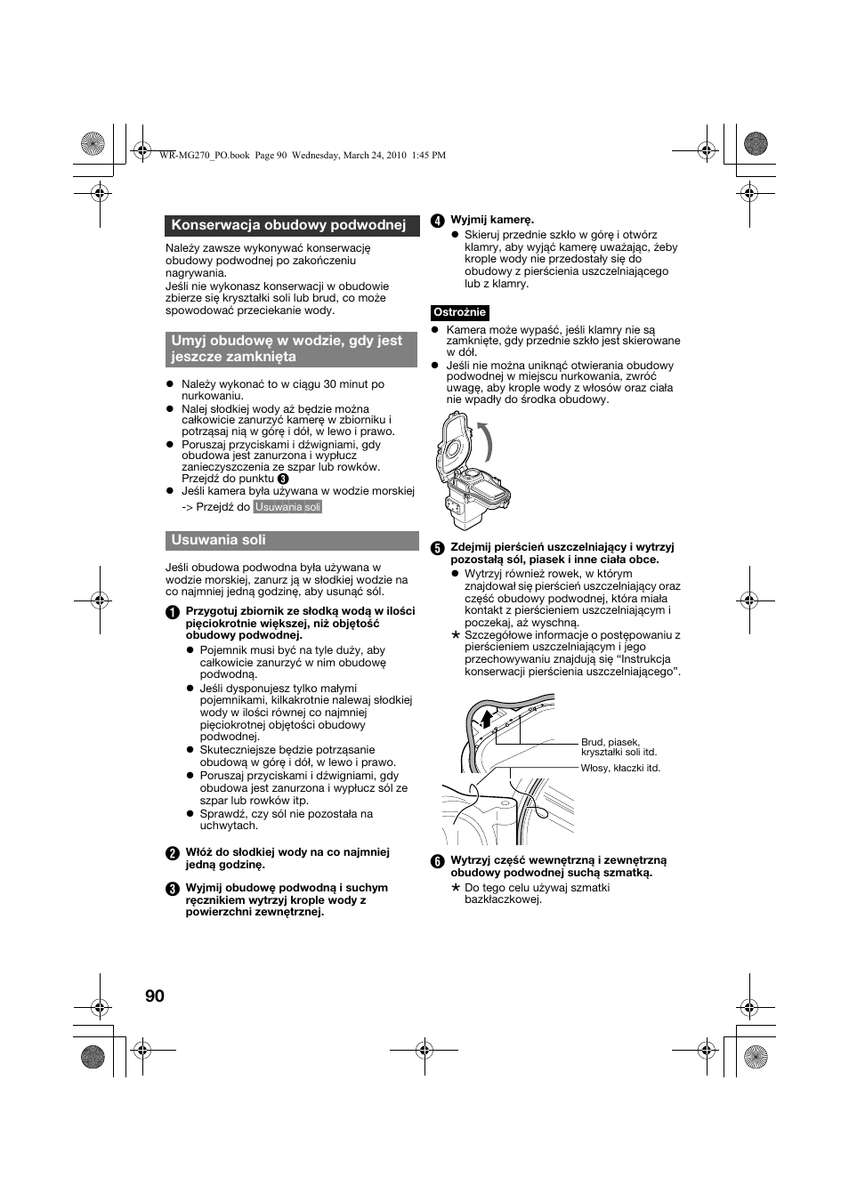 Konserwacja obudowy podwodnej, Umyj obudowę w wodzie, gdy jest jeszcze zamknięta, Usuwania soli | Yciu | JVC WR-MG270 User Manual | Page 90 / 114