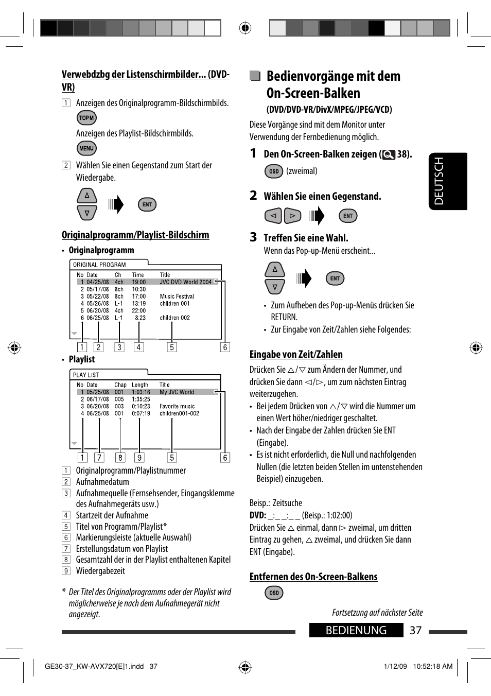 Bedienvorgänge mit dem on-screen-balken, 37 bedienung deutsch | JVC KW-AVX720 User Manual | Page 101 / 257