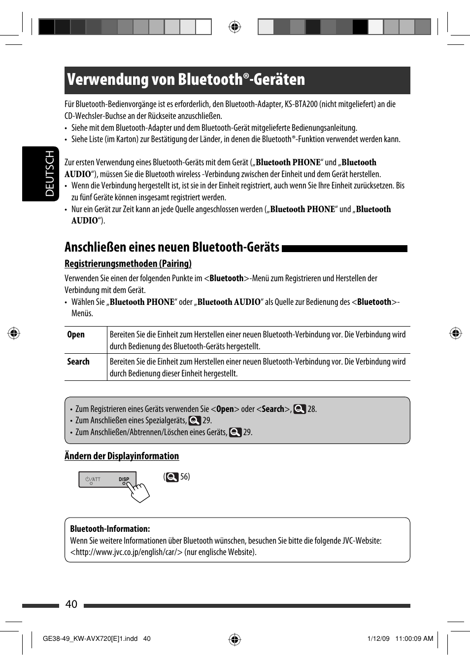 Verwendung von bluetooth®-geräten, Anschließen eines neuen bluetooth-geräts, 40 deutsch | JVC KW-AVX720 User Manual | Page 104 / 257