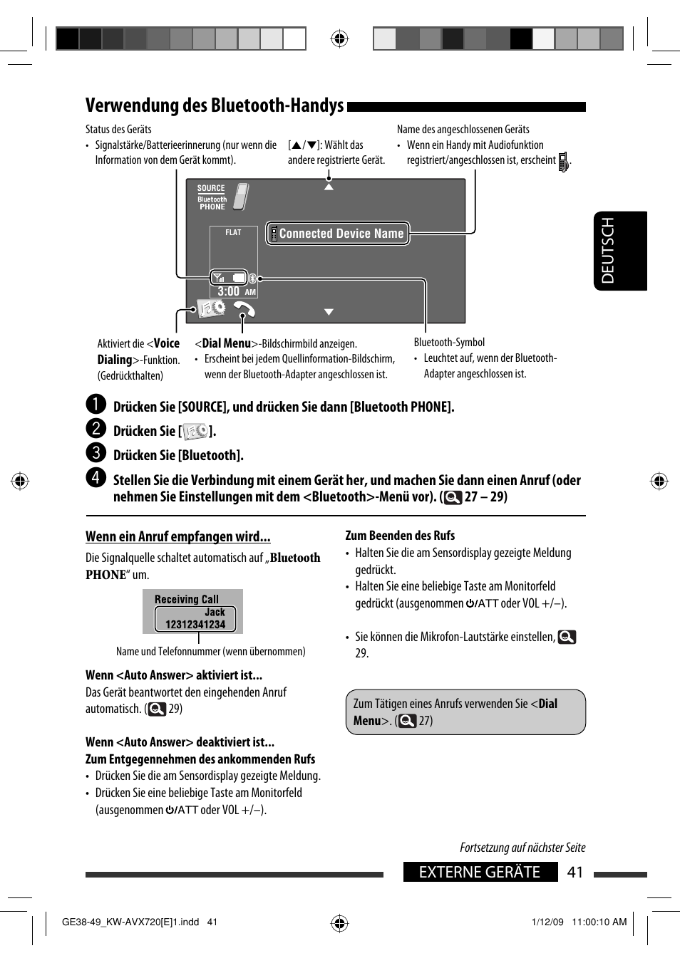 Verwendung des bluetooth-handys, 41 externe geräte deutsch | JVC KW-AVX720 User Manual | Page 105 / 257