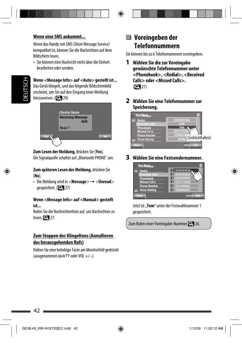 Voreingeben der telefonnummern, 42 deutsch | JVC KW-AVX720 User Manual | Page 106 / 257