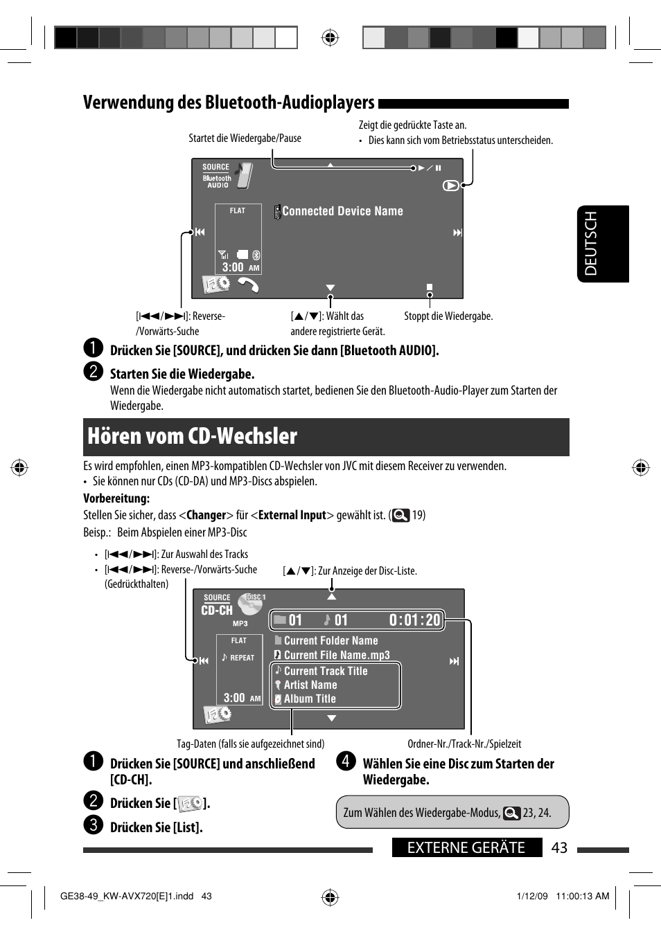 Hören vom cd-wechsler, Verwendung des bluetooth-audioplayers, 43 externe geräte deutsch | JVC KW-AVX720 User Manual | Page 107 / 257