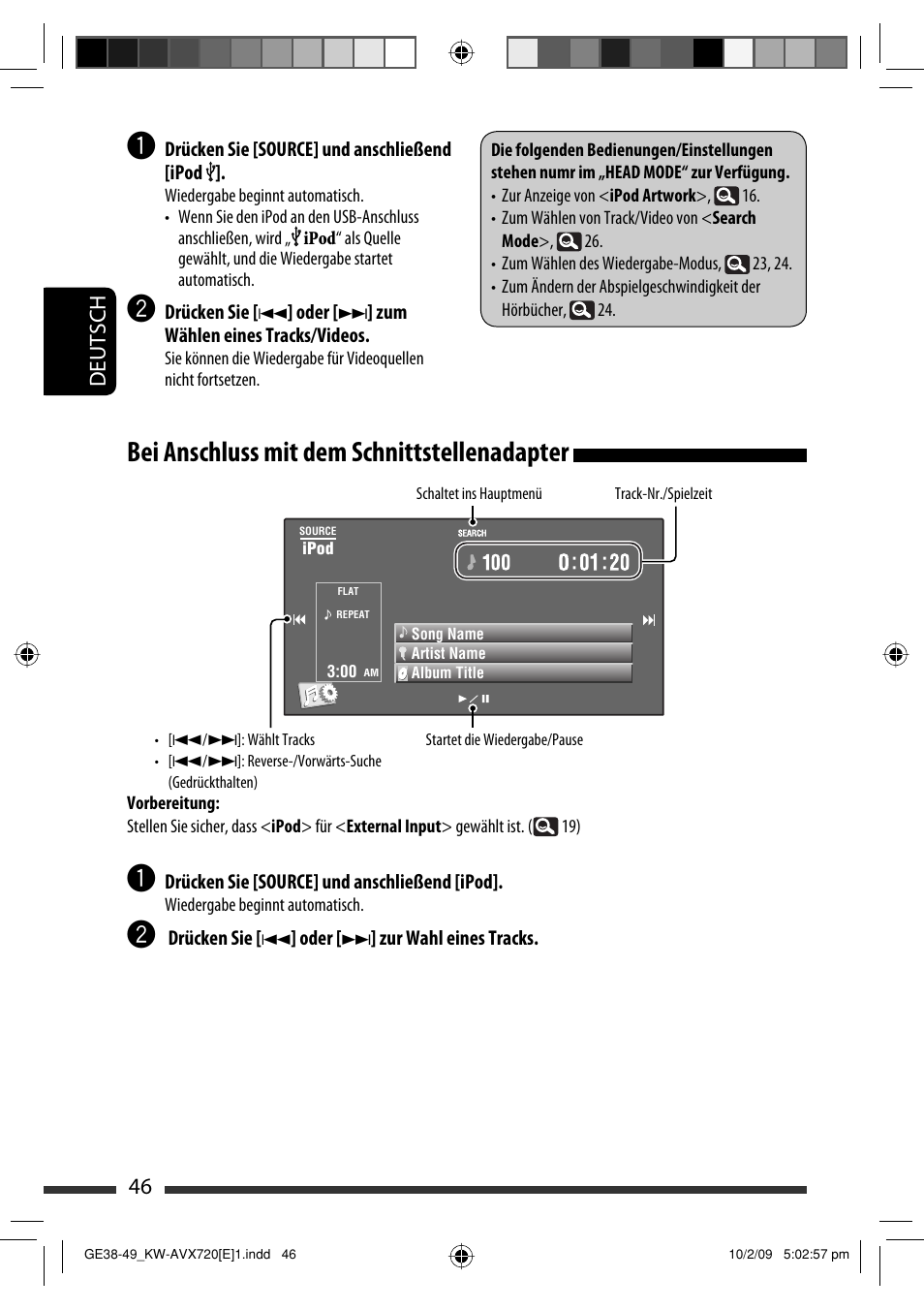 Bei anschluss mit dem schnittstellenadapter, 46 deutsch | JVC KW-AVX720 User Manual | Page 110 / 257