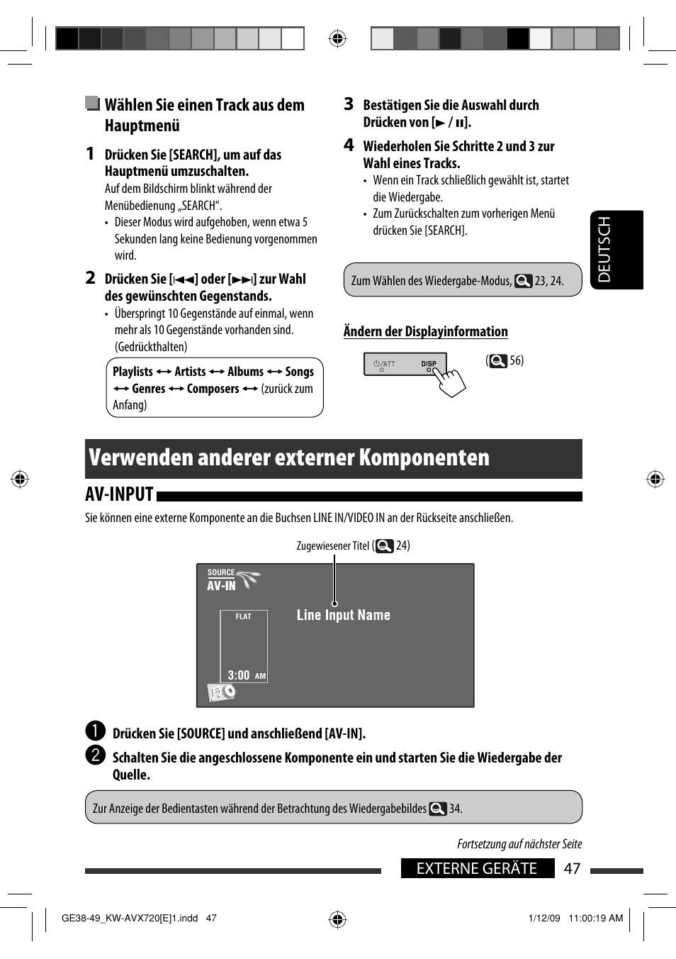Verwenden anderer externer komponenten, Av-input, Wählen sie einen track aus dem hauptmenü | JVC KW-AVX720 User Manual | Page 111 / 257