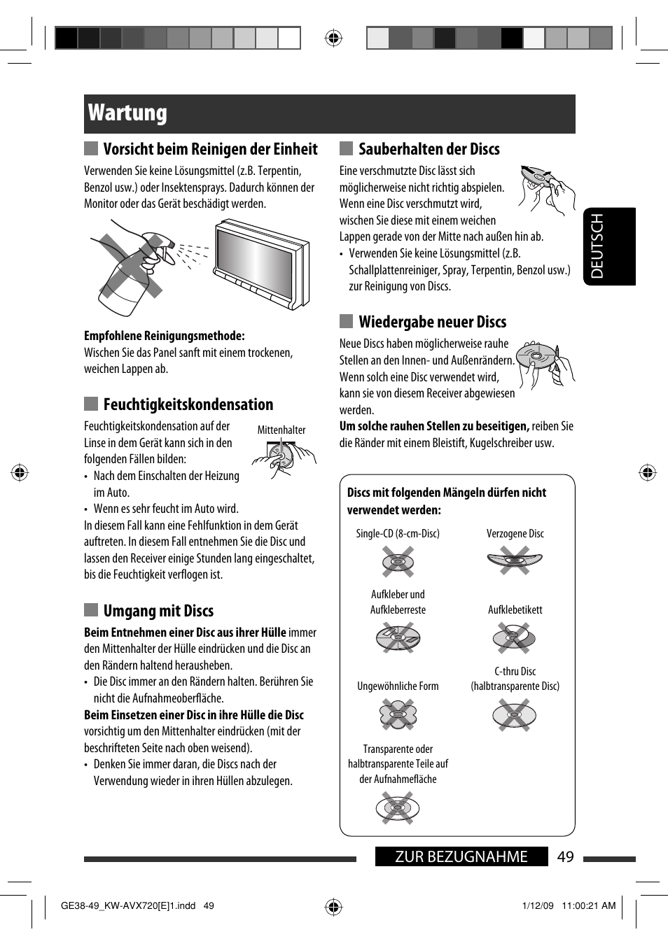 Wartung, Vorsicht beim reinigen der einheit, Feuchtigkeitskondensation | Umgang mit discs, Sauberhalten der discs, Wiedergabe neuer discs, 49 zur bezugnahme deutsch | JVC KW-AVX720 User Manual | Page 113 / 257
