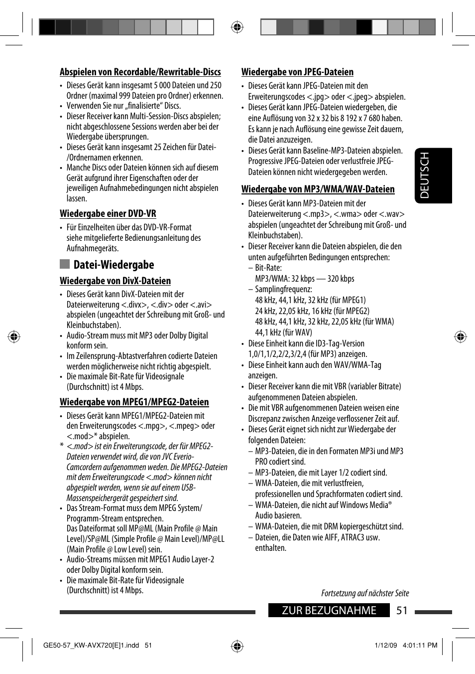Datei-wiedergabe, 51 zur bezugnahme deutsch | JVC KW-AVX720 User Manual | Page 115 / 257