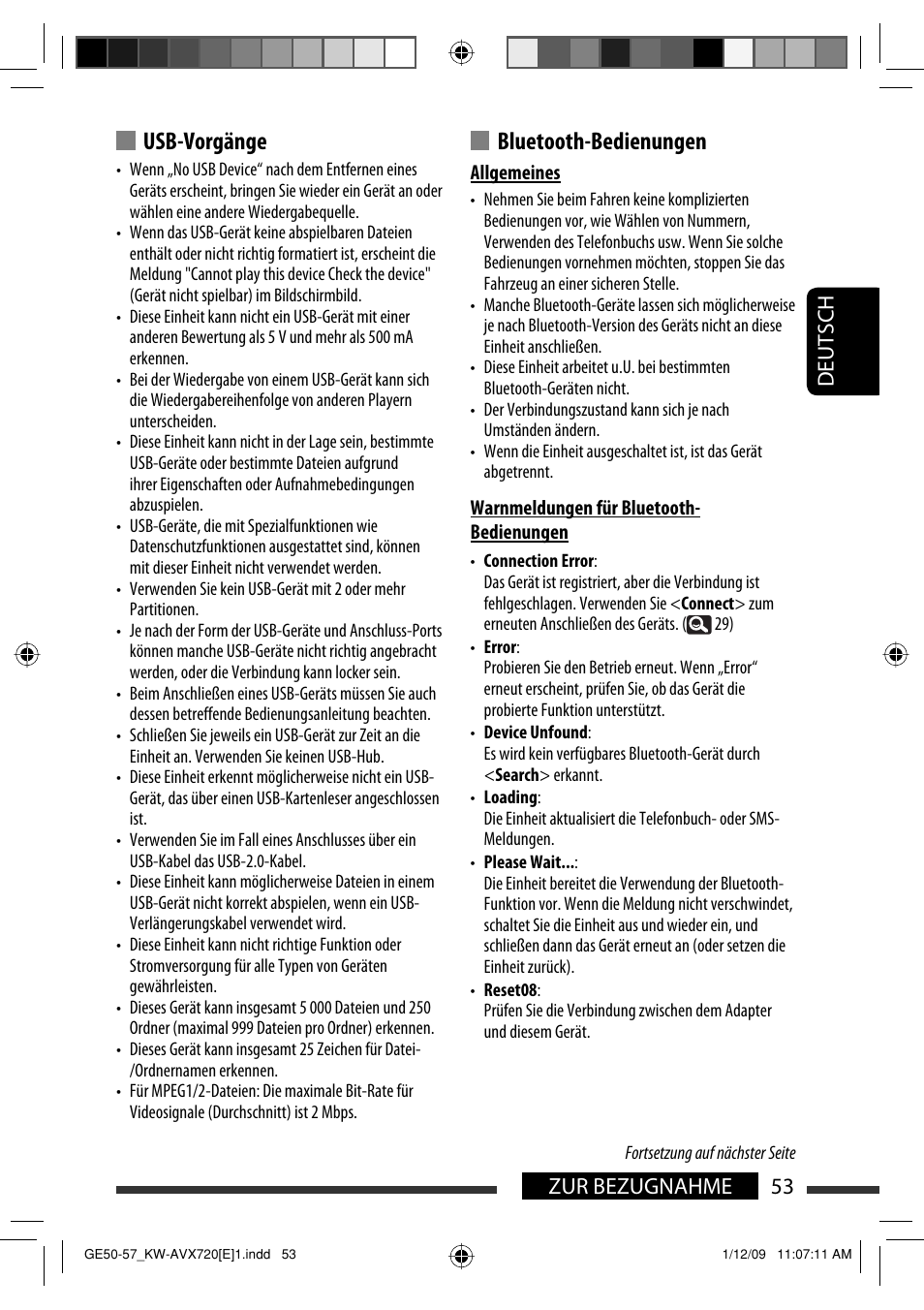 Usb-vorgänge, Bluetooth-bedienungen, 53 zur bezugnahme deutsch | JVC KW-AVX720 User Manual | Page 117 / 257