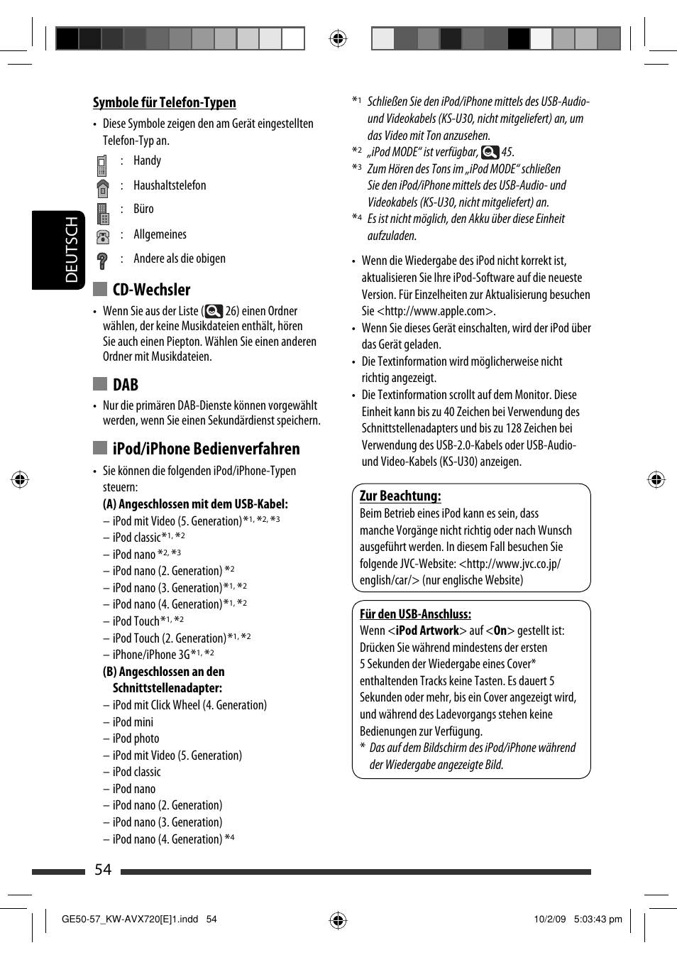 Cd-wechsler, Ipod/iphone bedienverfahren, 54 deutsch | Zur beachtung, Symbole für telefon-typen | JVC KW-AVX720 User Manual | Page 118 / 257