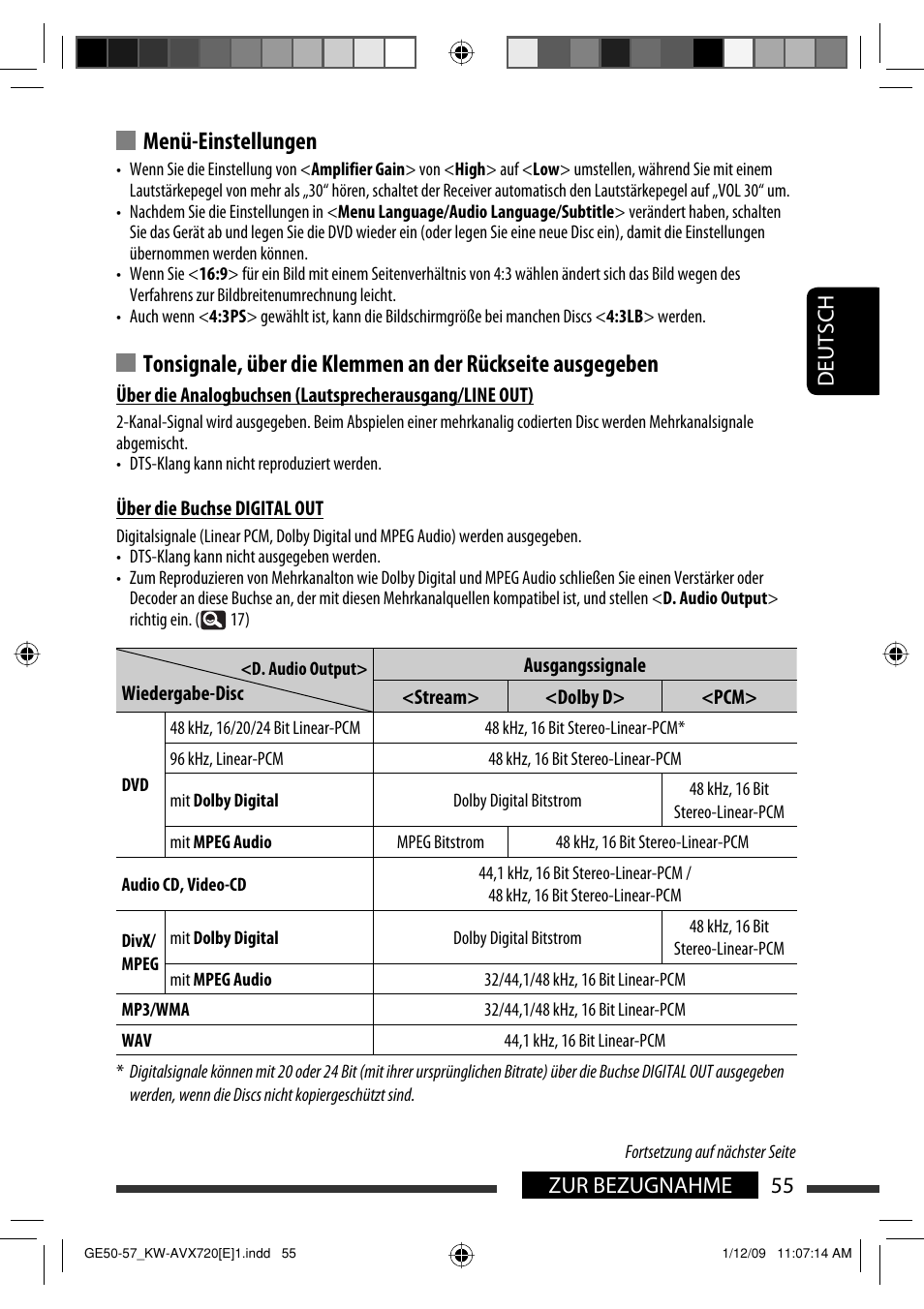 Menü-einstellungen, 55 zur bezugnahme deutsch | JVC KW-AVX720 User Manual | Page 119 / 257