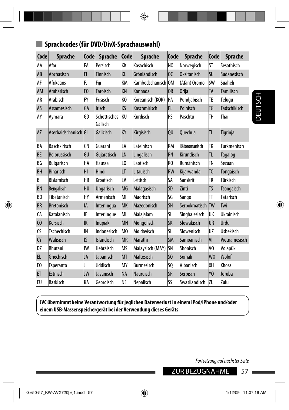 Sprachcodes (für dvd/divx-sprachauswahl), 57 zur bezugnahme deutsch | JVC KW-AVX720 User Manual | Page 121 / 257