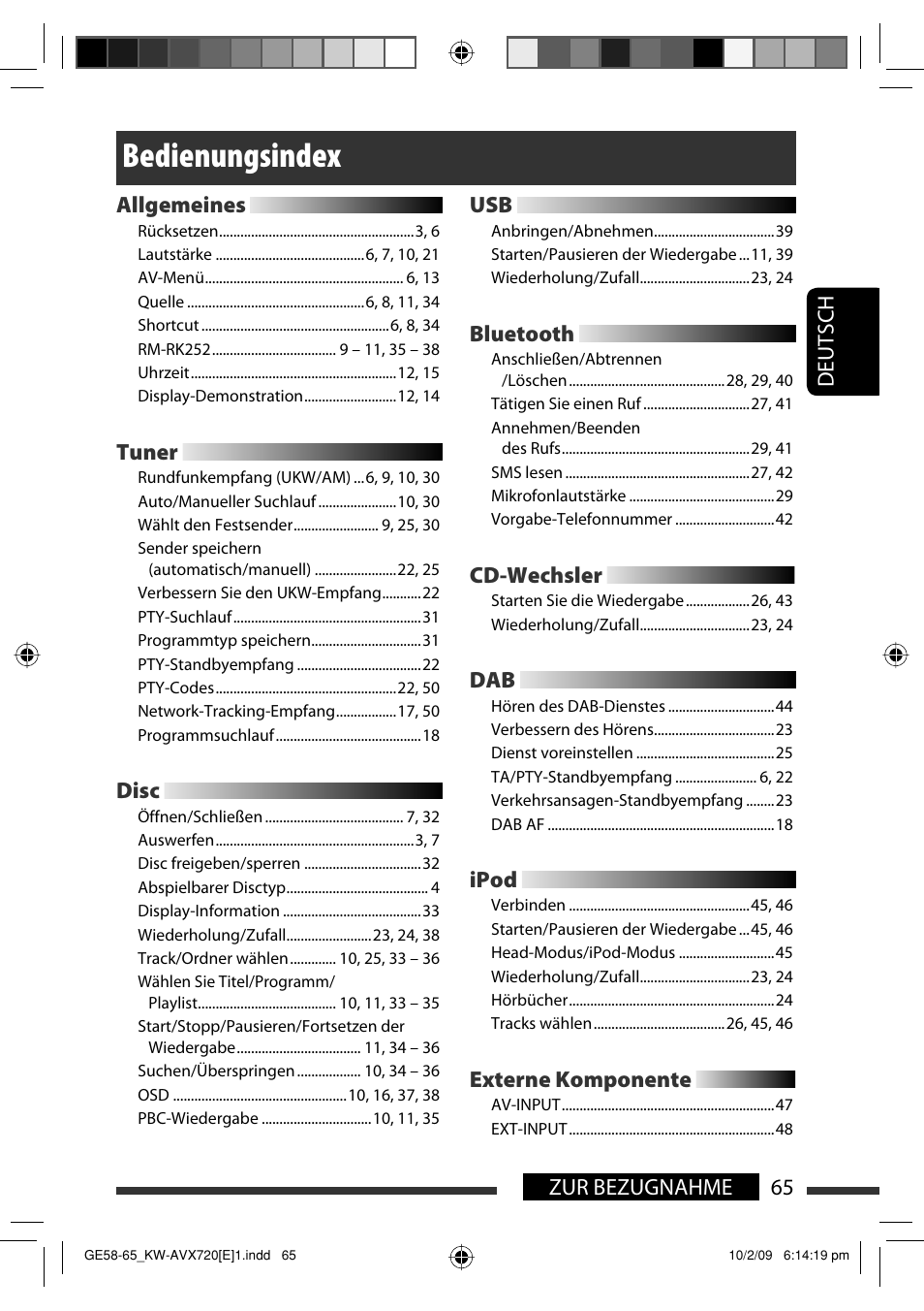 Bedienungsindex, 65 zur bezugnahme deutsch allgemeines, Tuner | Disc, Bluetooth, Cd-wechsler, Ipod, Externe komponente | JVC KW-AVX720 User Manual | Page 129 / 257