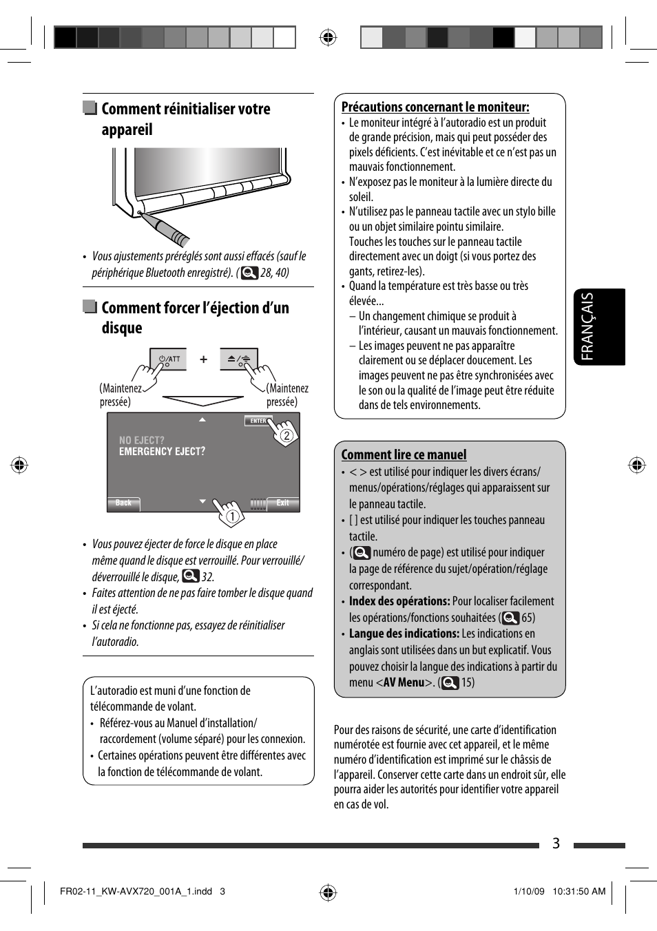 Comment réinitialiser votre appareil, Comment forcer l’éjection d’un disque, 3français | JVC KW-AVX720 User Manual | Page 131 / 257