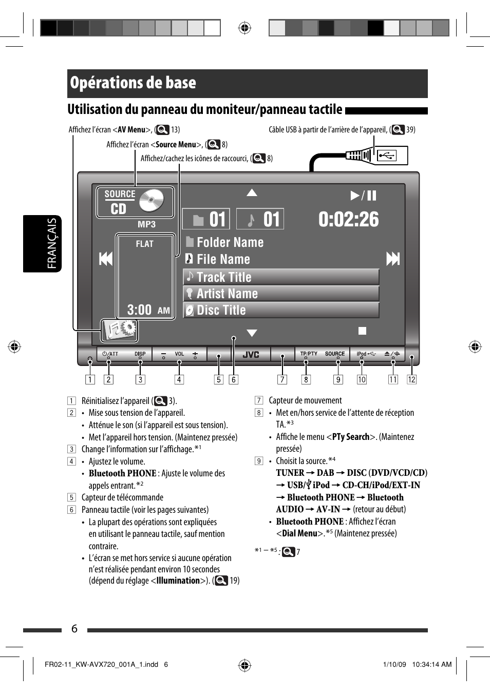 Opérations de base, Utilisation du panneau du moniteur/panneau tactile, 6français | JVC KW-AVX720 User Manual | Page 134 / 257