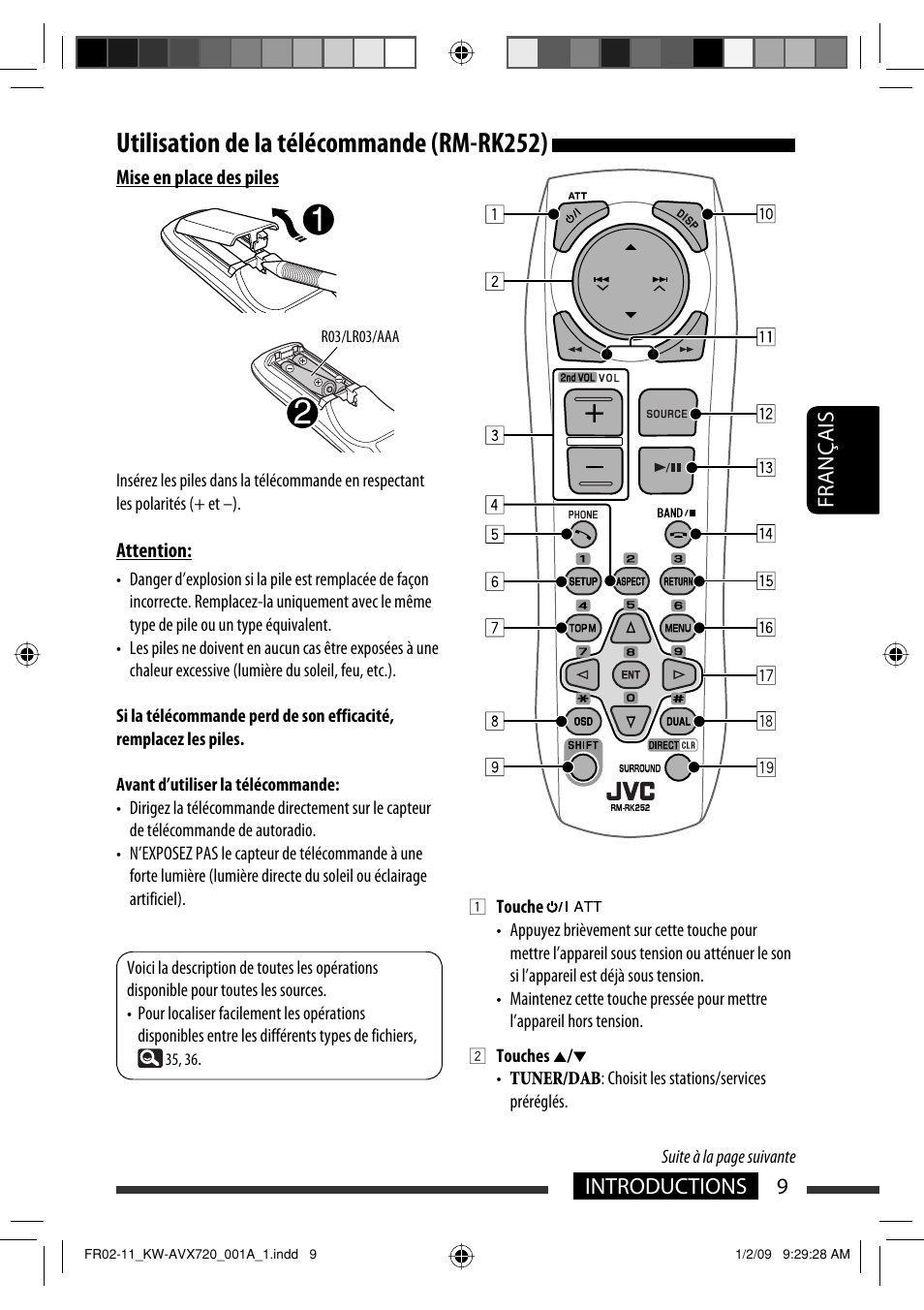 Utilisation de la télécommande (rm-rk252), 9introductions français | JVC KW-AVX720 User Manual | Page 137 / 257