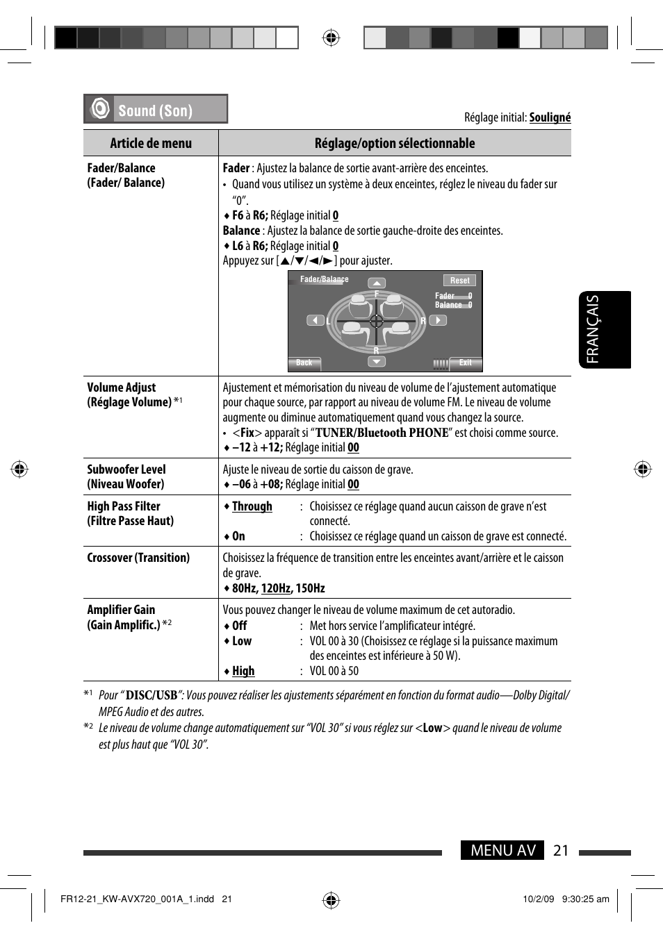 21 français menu av, Article de menu réglage/option sélectionnable | JVC KW-AVX720 User Manual | Page 149 / 257