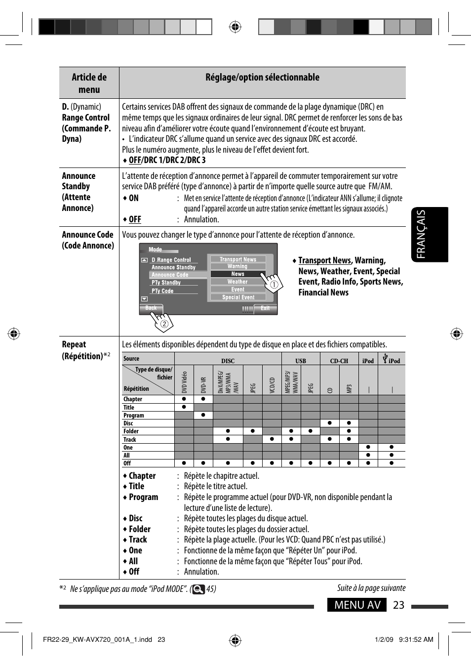 23 menu av français, Article de menu réglage/option sélectionnable | JVC KW-AVX720 User Manual | Page 151 / 257