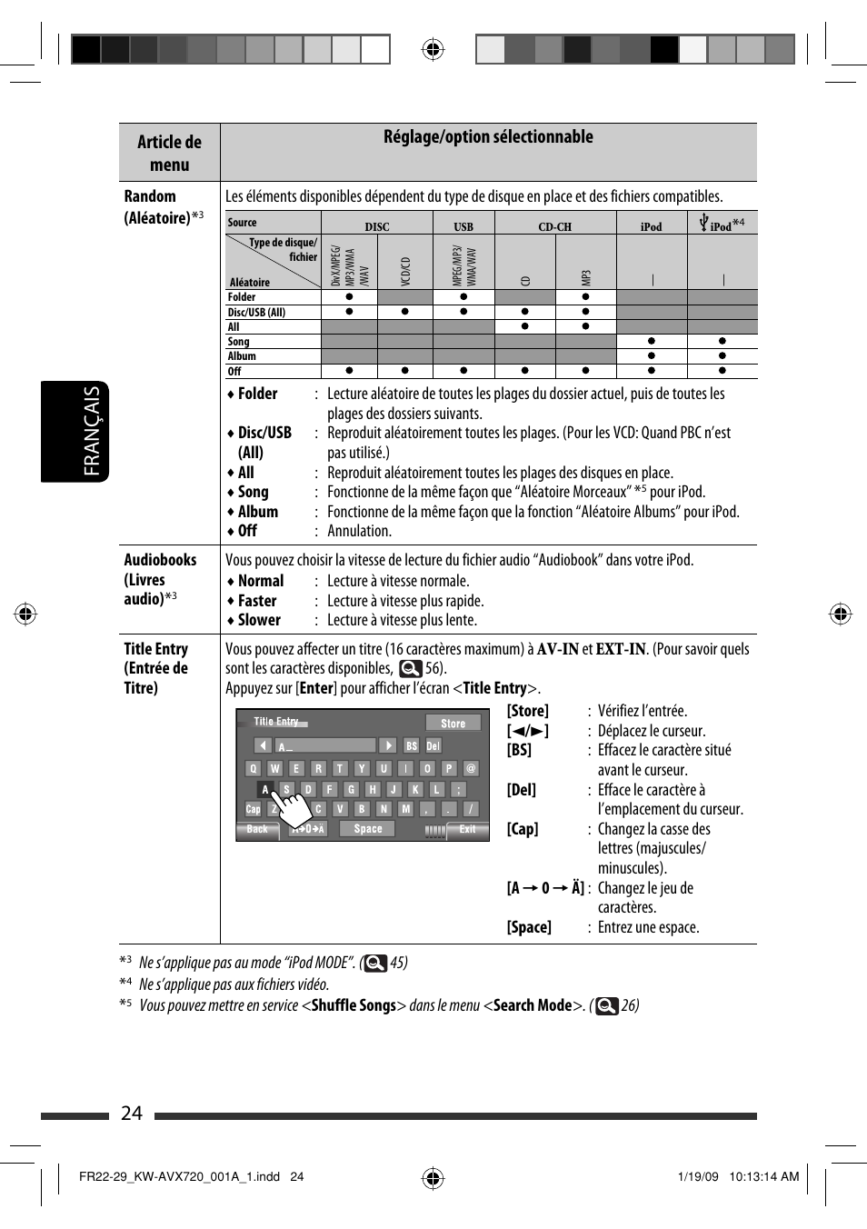 24 français, Article de menu réglage/option sélectionnable | JVC KW-AVX720 User Manual | Page 152 / 257