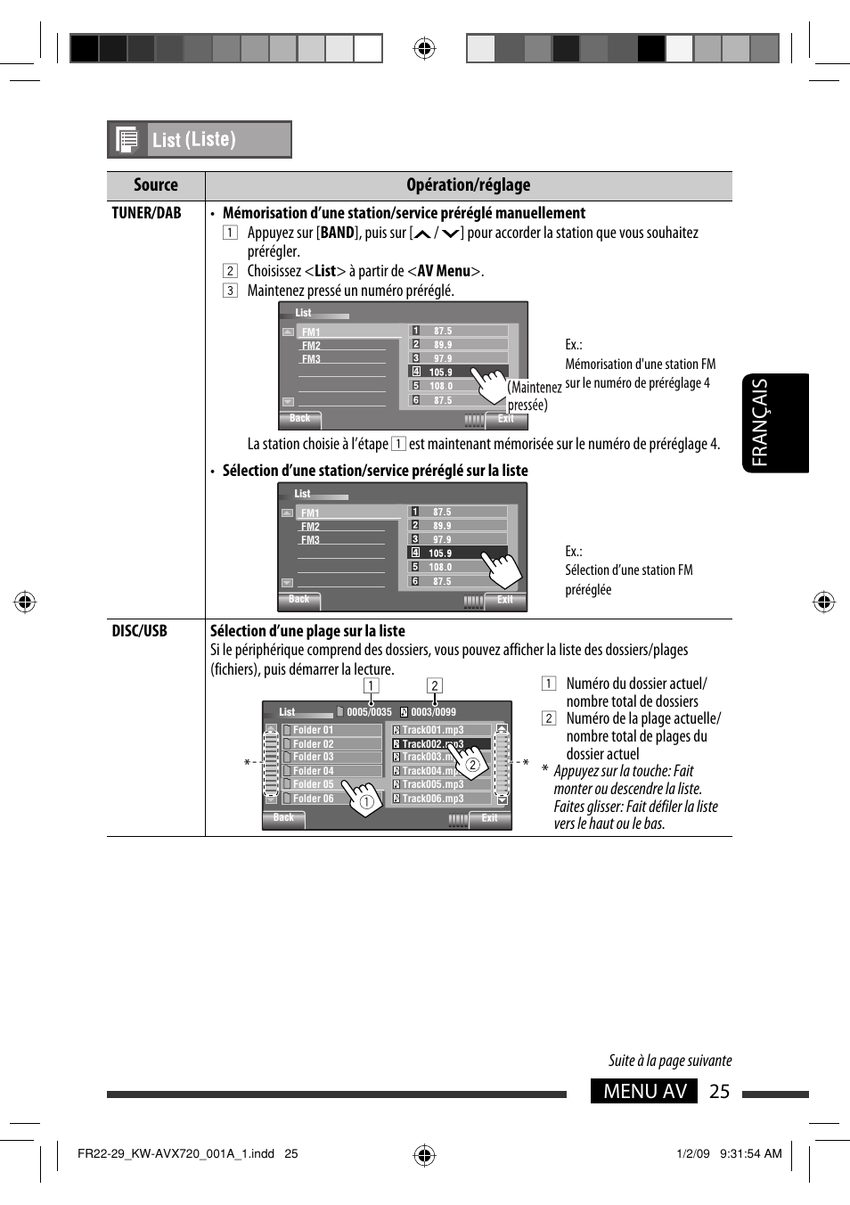 25 menu av français, Source opération/réglage | JVC KW-AVX720 User Manual | Page 153 / 257