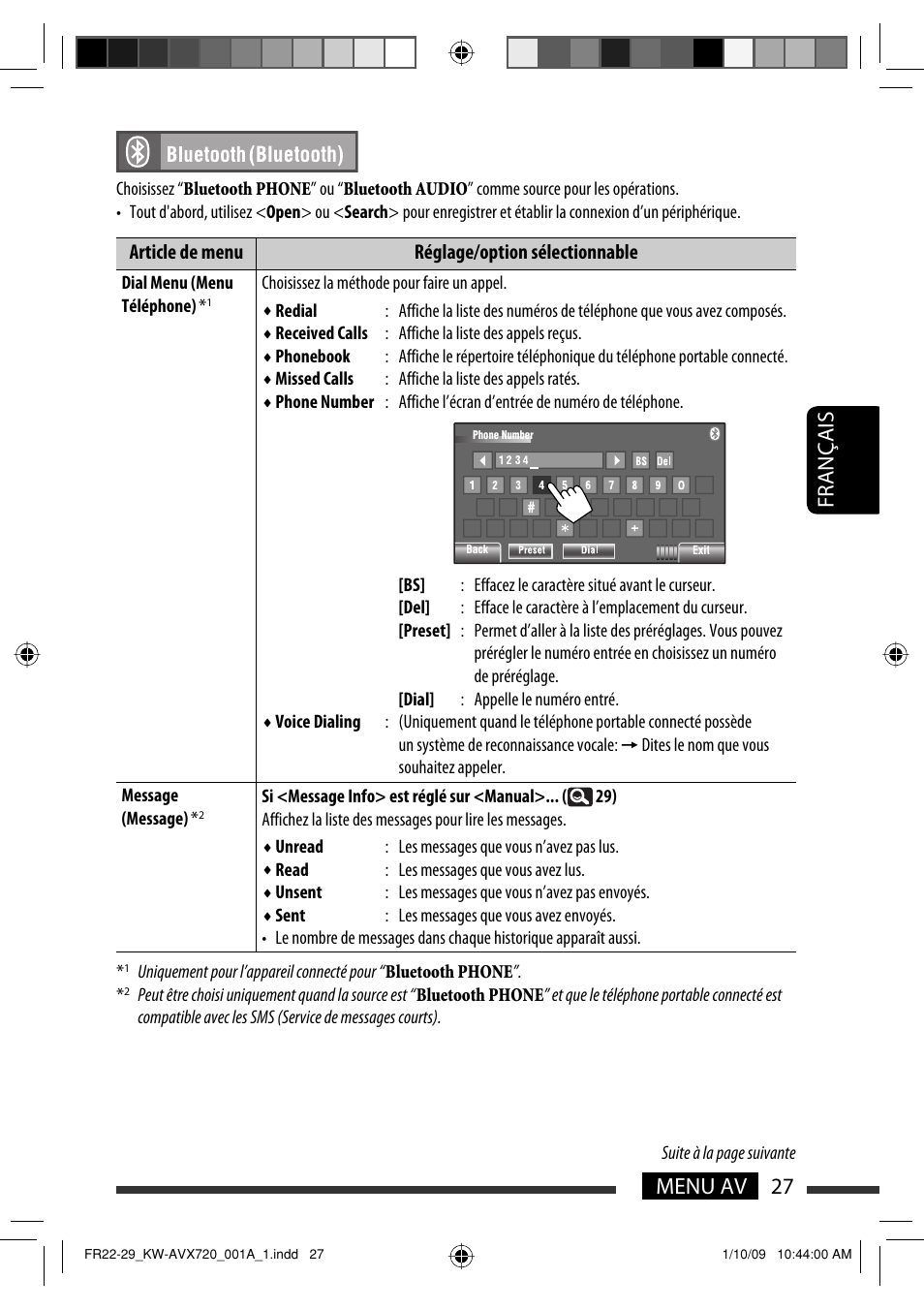 27 menu av français, Article de menu réglage/option sélectionnable | JVC KW-AVX720 User Manual | Page 155 / 257