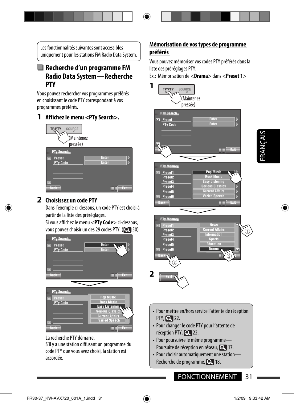 31 fonctionnement français, Affichez le menu <pty search, Choisissez un code pty | Mémorisation de vos types de programme préférés | JVC KW-AVX720 User Manual | Page 159 / 257