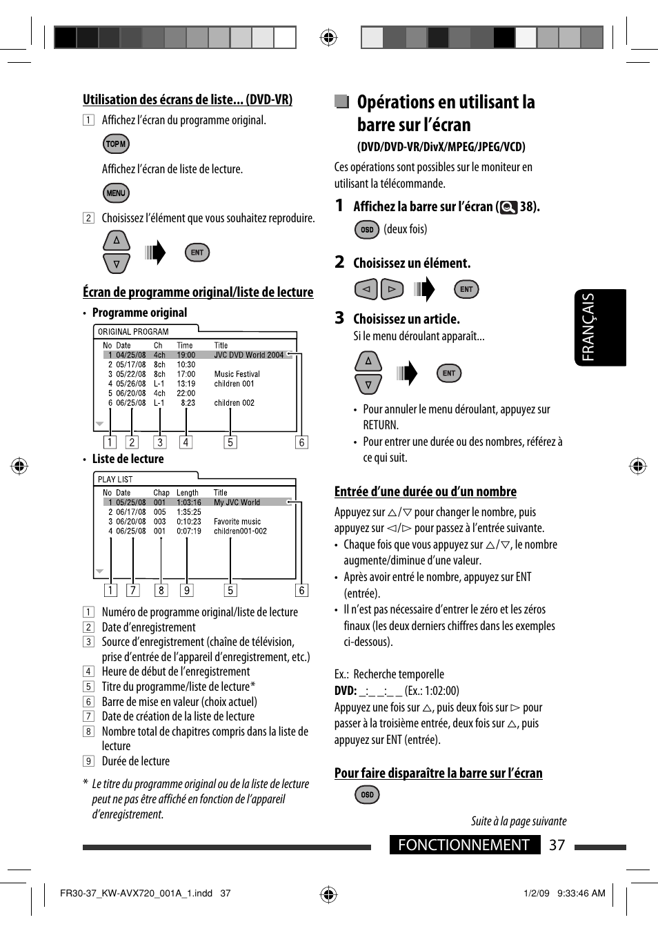 Opérations en utilisant la barre sur l’écran, 37 fonctionnement français | JVC KW-AVX720 User Manual | Page 165 / 257