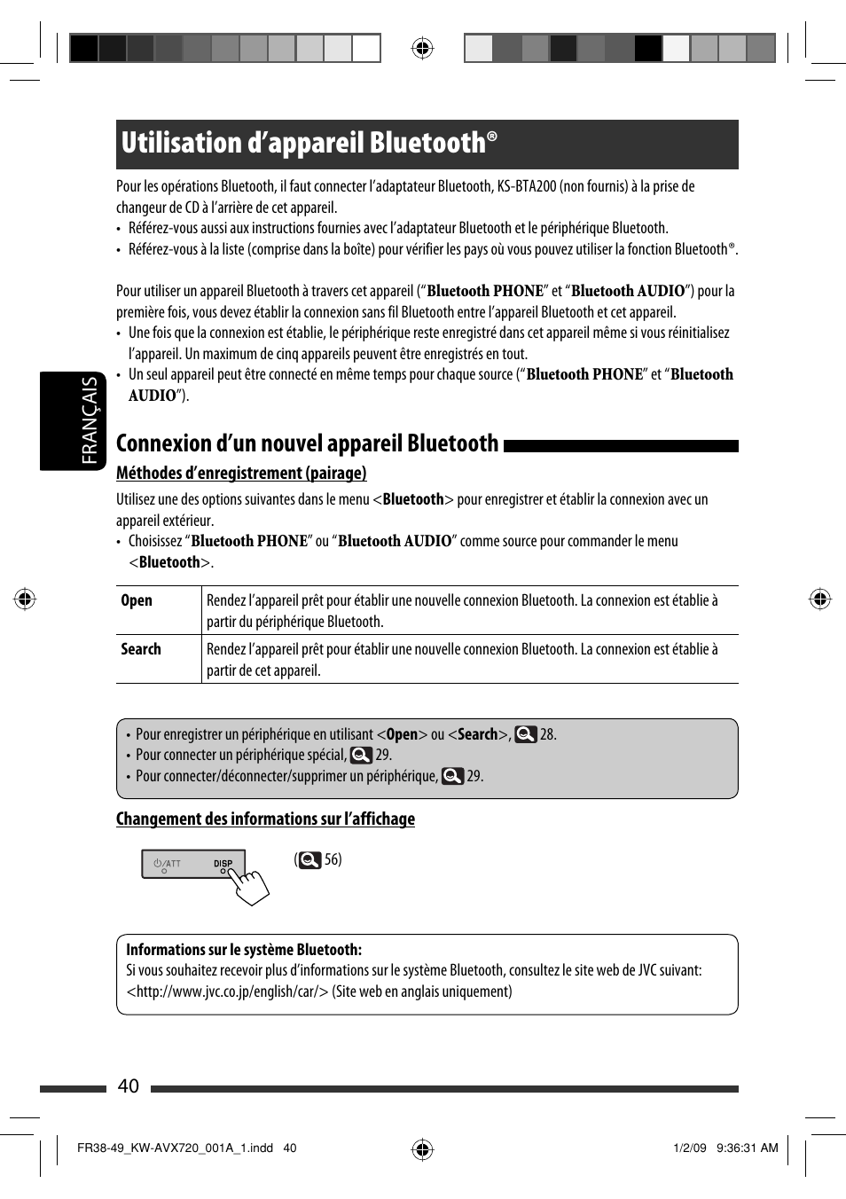 Utilisation d’appareil bluetooth, Connexion d’un nouvel appareil bluetooth, 40 français | JVC KW-AVX720 User Manual | Page 168 / 257