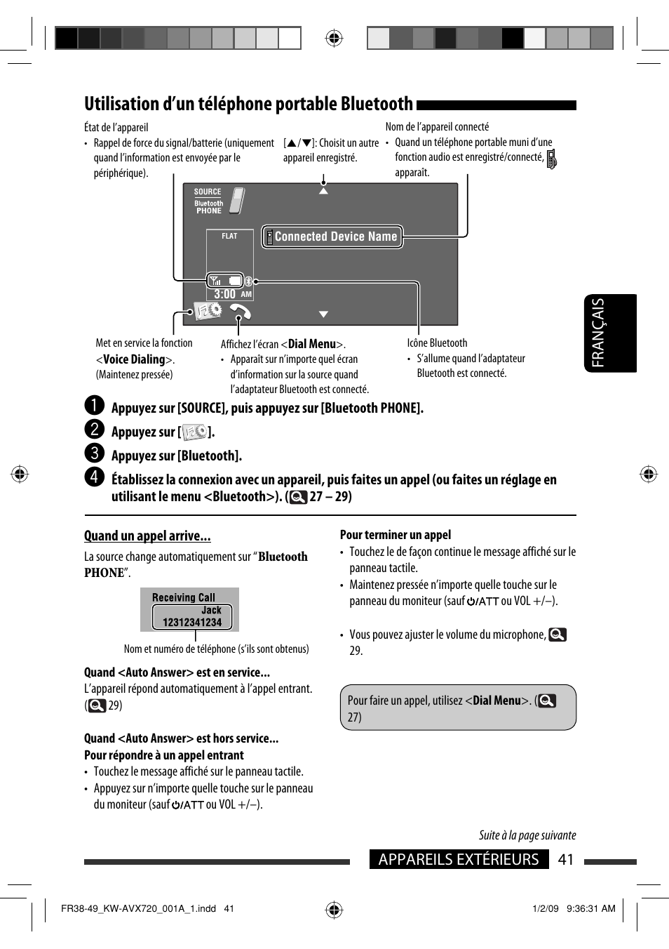 Utilisation d’un téléphone portable bluetooth, 41 appareils extérieurs français | JVC KW-AVX720 User Manual | Page 169 / 257