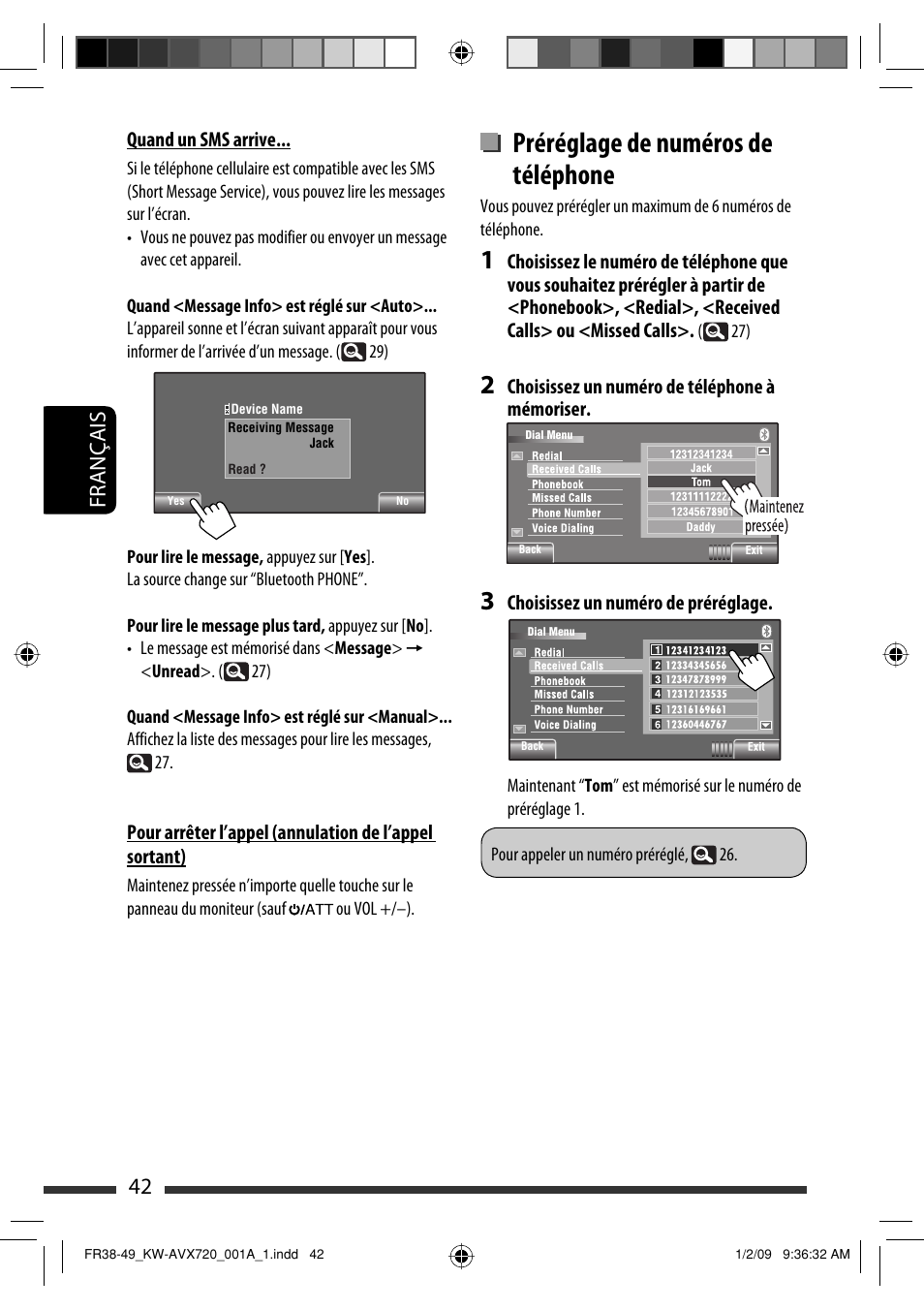 Préréglage de numéros de téléphone, 42 français | JVC KW-AVX720 User Manual | Page 170 / 257