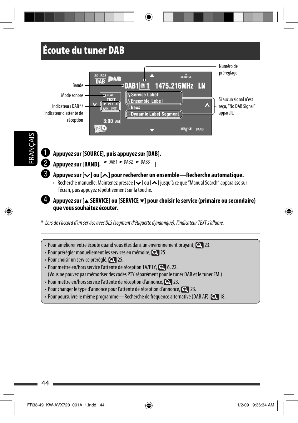 Écoute du tuner dab, 44 français | JVC KW-AVX720 User Manual | Page 172 / 257