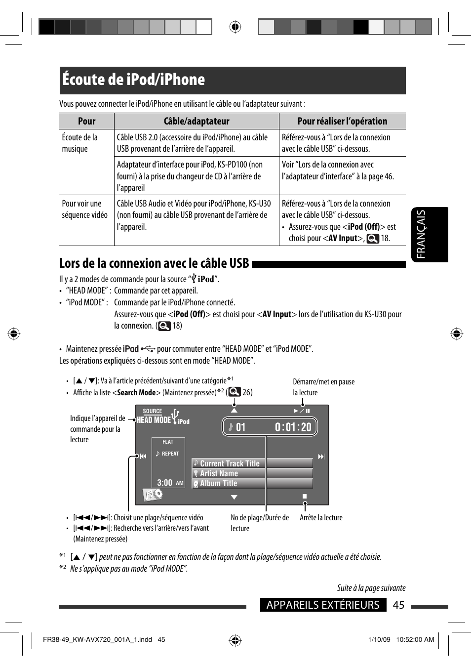 Écoute de ipod/iphone, Lors de la connexion avec le câble usb, 45 appareils extérieurs français | JVC KW-AVX720 User Manual | Page 173 / 257