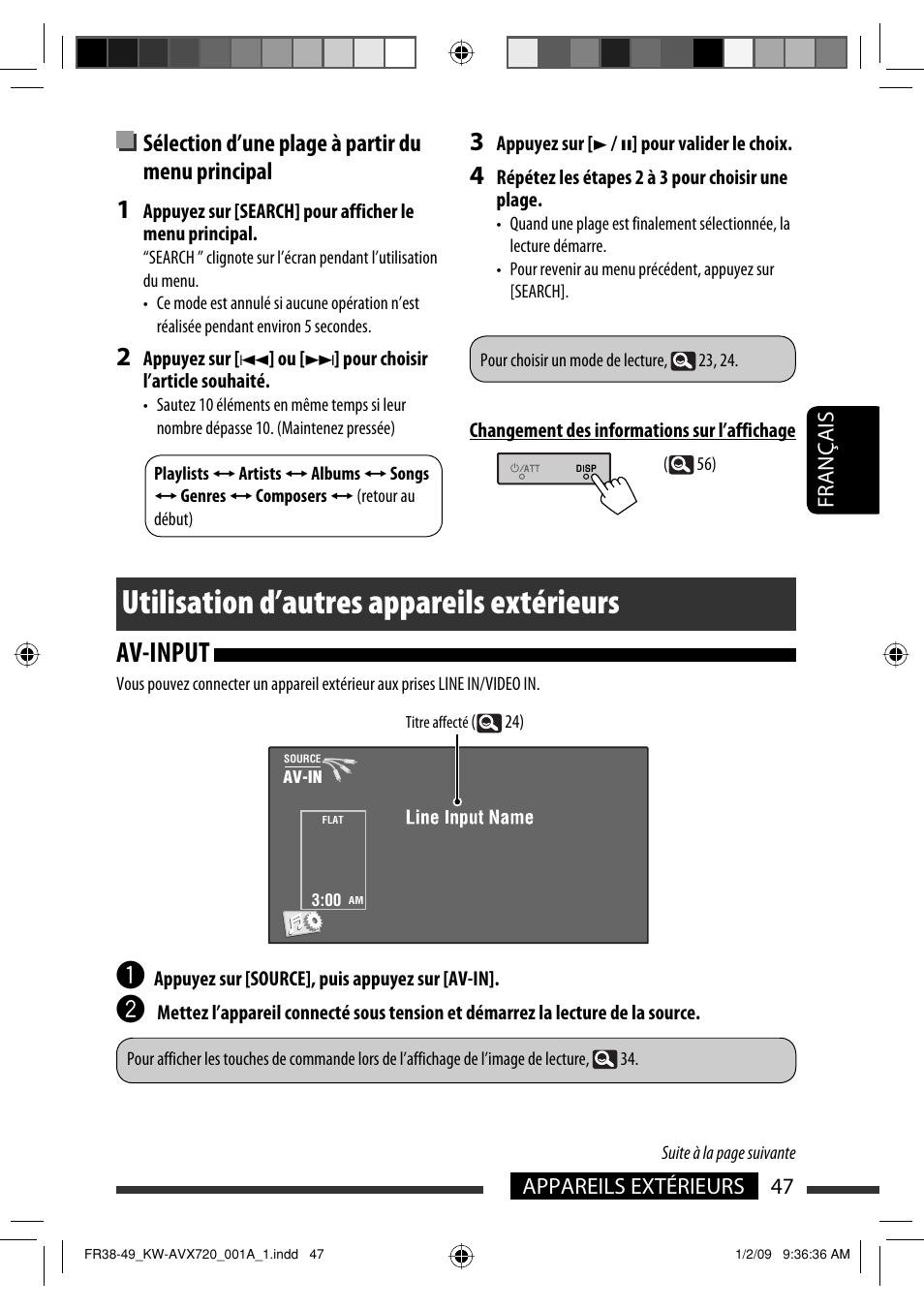 Utilisation d’autres appareils extérieurs, Av-input, Sélection d’une plage à partir du menu principal | JVC KW-AVX720 User Manual | Page 175 / 257