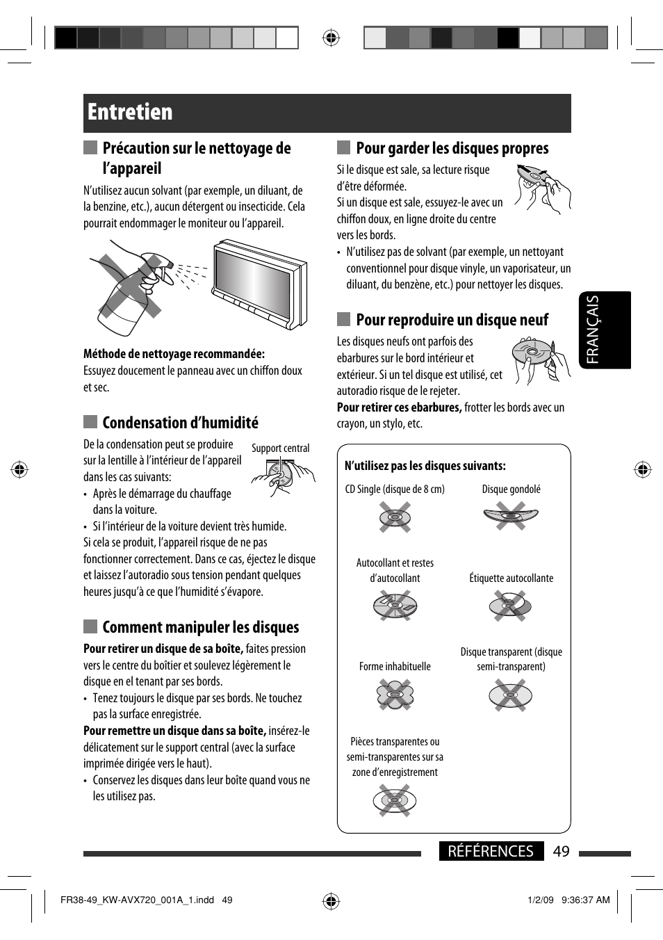 Entretien, Précaution sur le nettoyage de l’appareil, Condensation d’humidité | Comment manipuler les disques, Pour garder les disques propres, Pour reproduire un disque neuf, 49 références français | JVC KW-AVX720 User Manual | Page 177 / 257