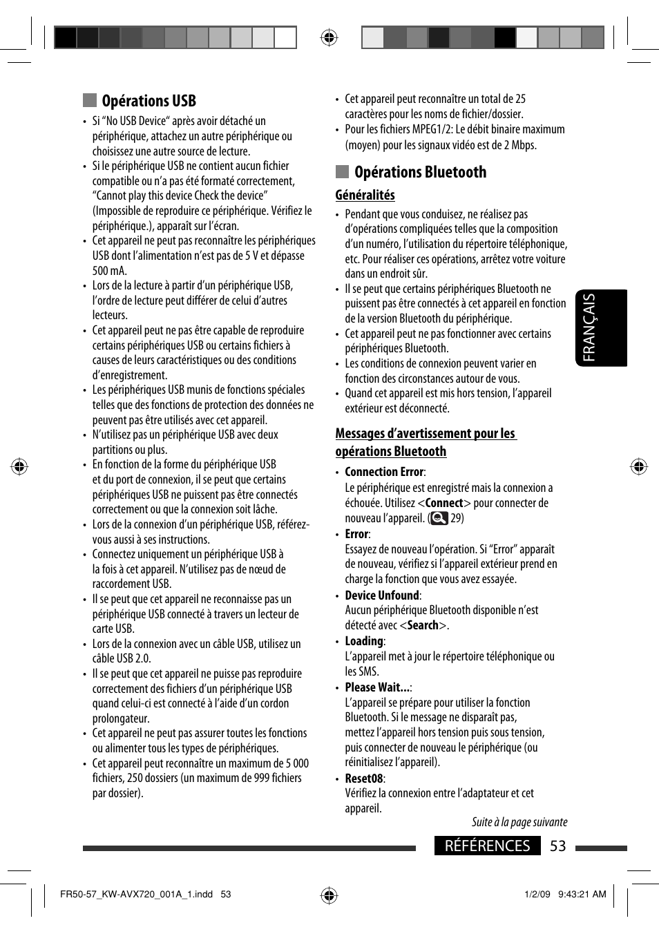 Opérations usb, Opérations bluetooth, 53 références français | JVC KW-AVX720 User Manual | Page 181 / 257