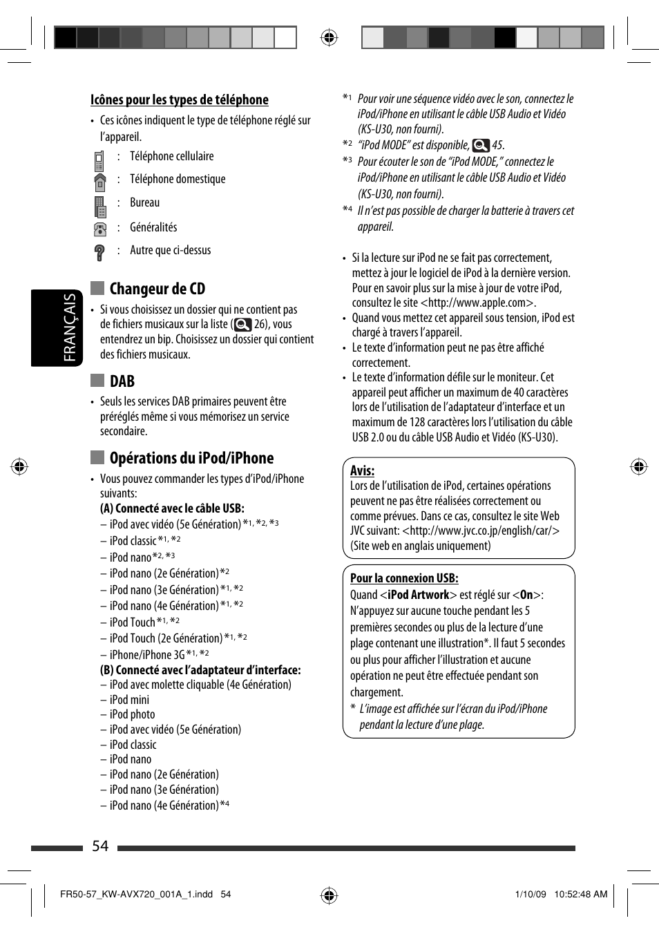 Changeur de cd, Opérations du ipod/iphone, 54 français | Avis, Icônes pour les types de téléphone | JVC KW-AVX720 User Manual | Page 182 / 257