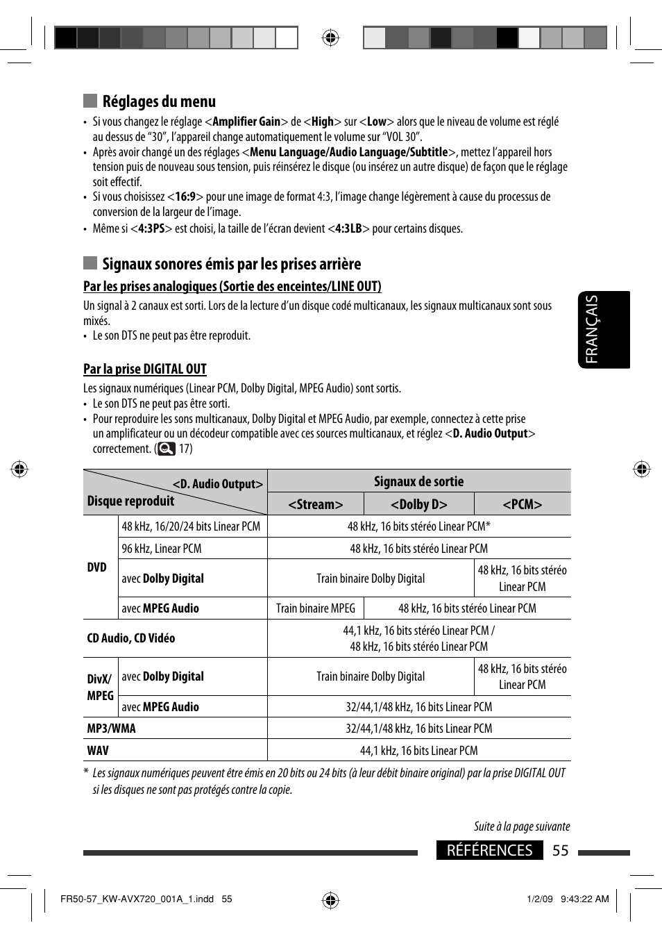 Réglages du menu, Signaux sonores émis par les prises arrière, 55 références français | JVC KW-AVX720 User Manual | Page 183 / 257