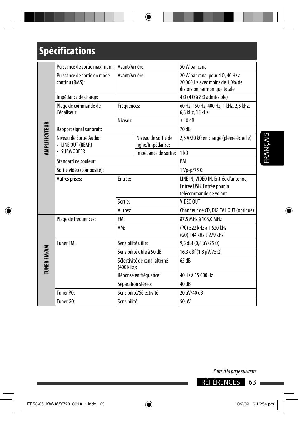 Spécifications, 63 références français | JVC KW-AVX720 User Manual | Page 191 / 257