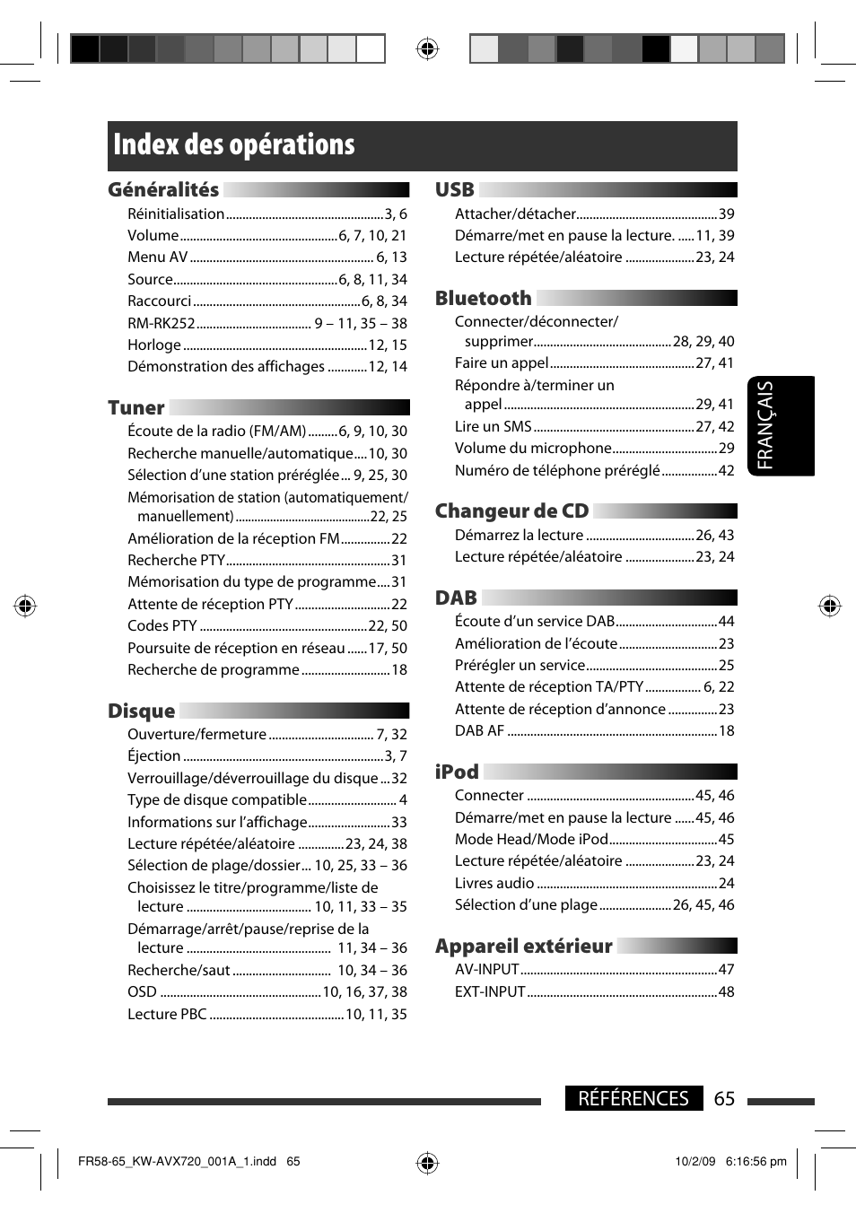 Index des opérations, 65 références français généralités, Tuner | Disque, Bluetooth, Changeur de cd, Ipod, Appareil extérieur | JVC KW-AVX720 User Manual | Page 193 / 257