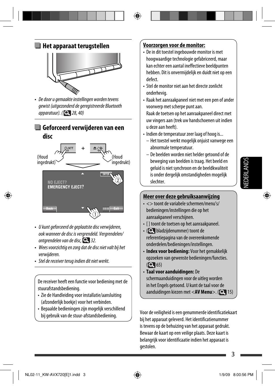 Het apparaat terugstellen, Geforceerd verwijderen van een disc, 3nederlands | JVC KW-AVX720 User Manual | Page 195 / 257