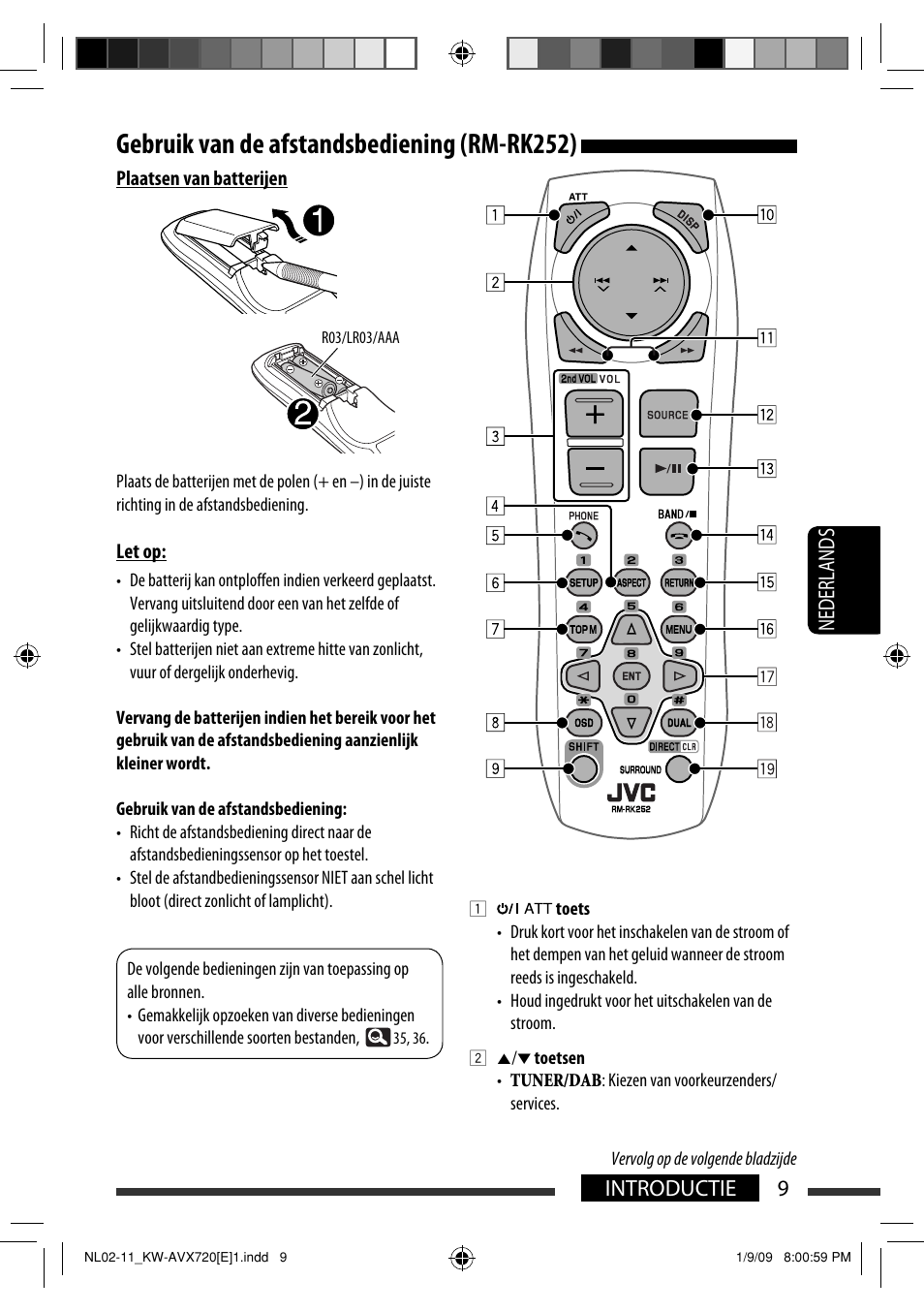 Gebruik van de afstandsbediening (rm-rk252), 9introductie nederlands | JVC KW-AVX720 User Manual | Page 201 / 257