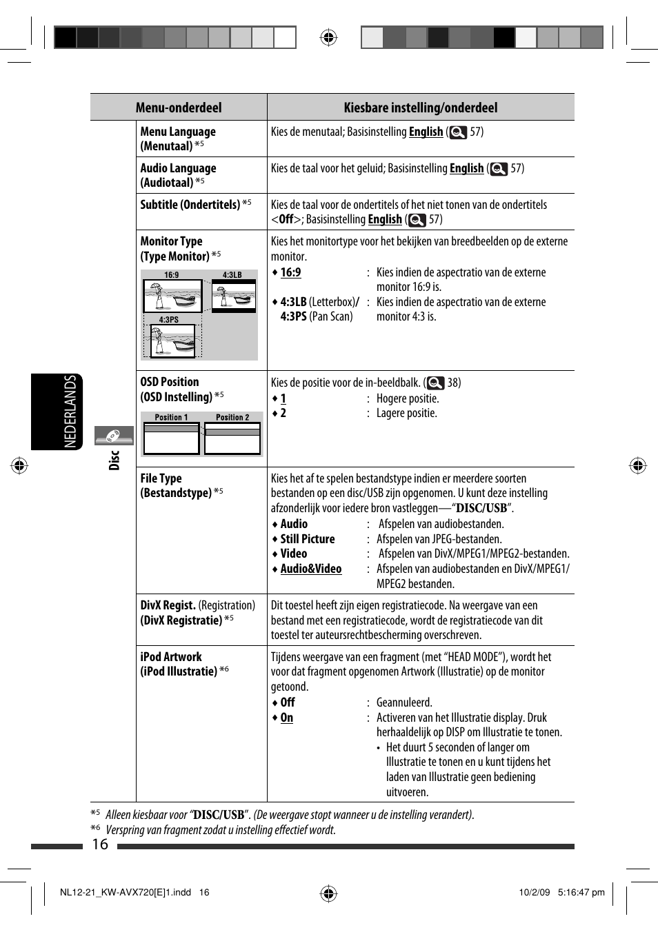 16 nederlands, Menu-onderdeel kiesbare instelling/onderdeel disc | JVC KW-AVX720 User Manual | Page 208 / 257