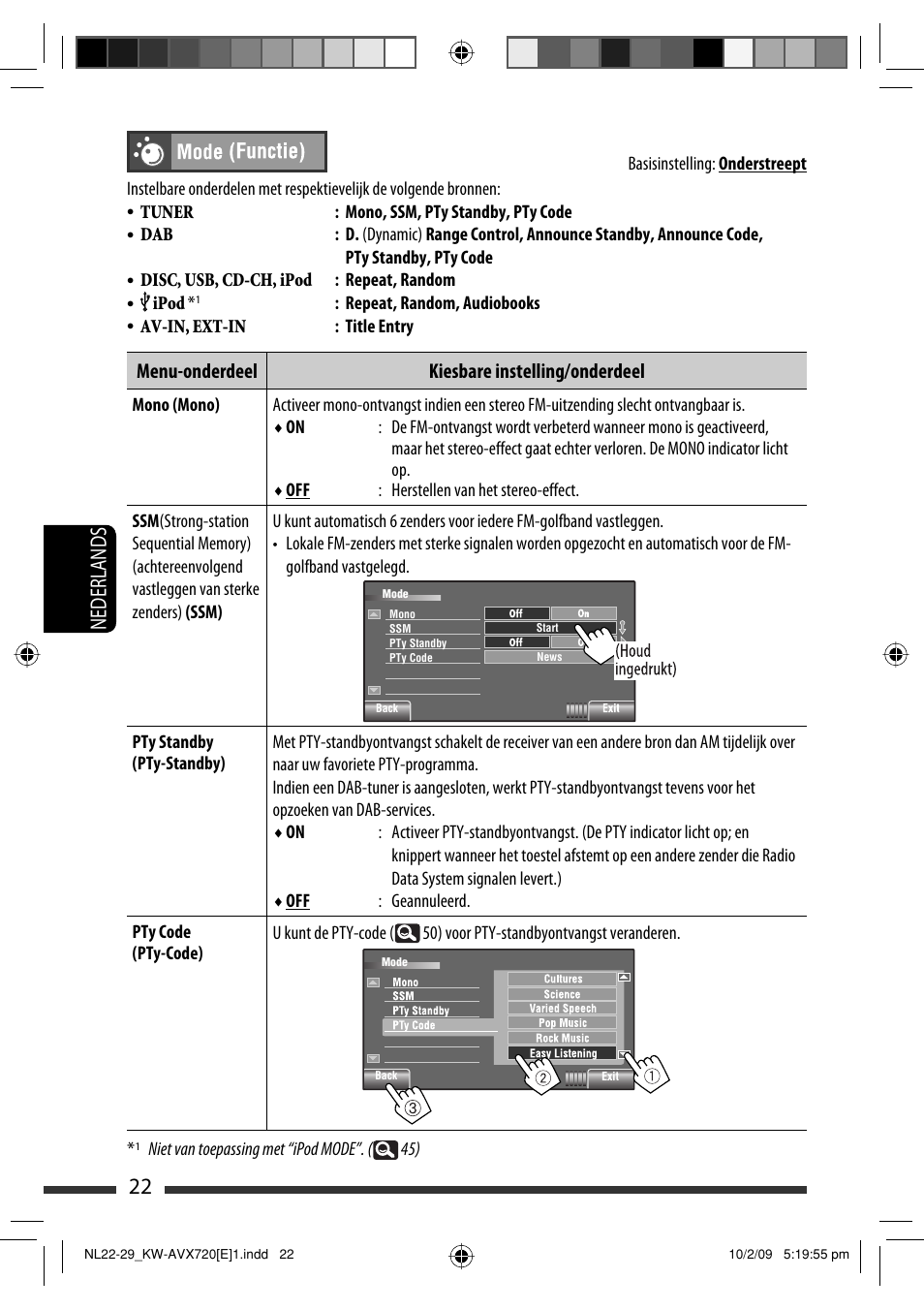 22 nederlands, Menu-onderdeel kiesbare instelling/onderdeel | JVC KW-AVX720 User Manual | Page 214 / 257