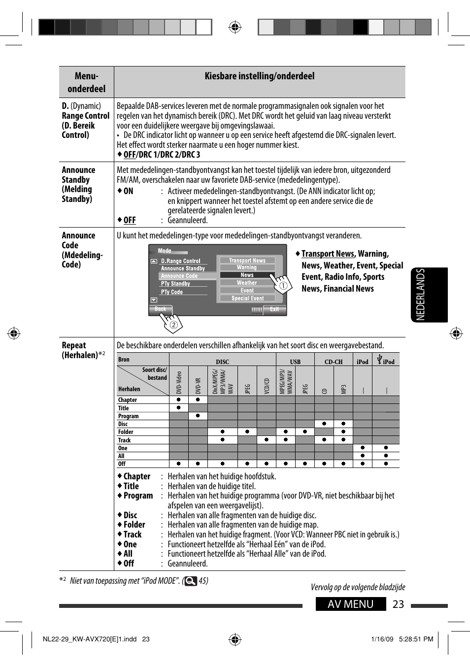 23 av menu nederlands, Menu- onderdeel kiesbare instelling/onderdeel | JVC KW-AVX720 User Manual | Page 215 / 257