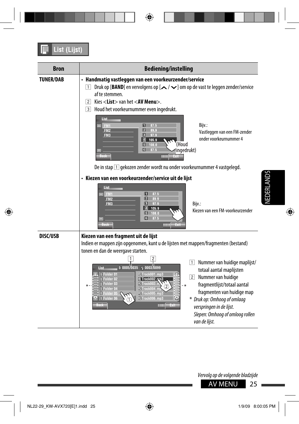 25 av menu nederlands, Bron bediening/instelling | JVC KW-AVX720 User Manual | Page 217 / 257