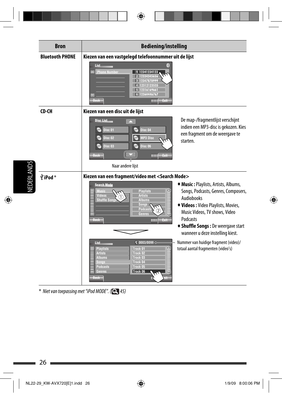 26 nederlands, Bron bediening/instelling | JVC KW-AVX720 User Manual | Page 218 / 257